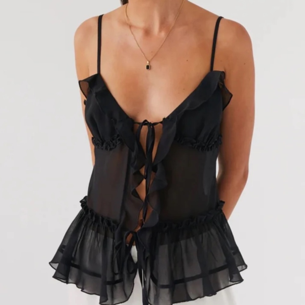 Peppermayo Black Sheer Ruffle Tie-Front Tank